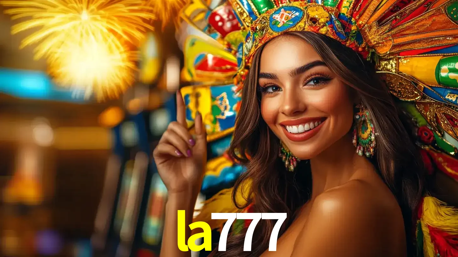 Mulher sorridente com um cocar de carnaval vibrante e colorido, celebrando uma grande vitória nos jogos do cassino la777 com fogos de artifício ao fundo.