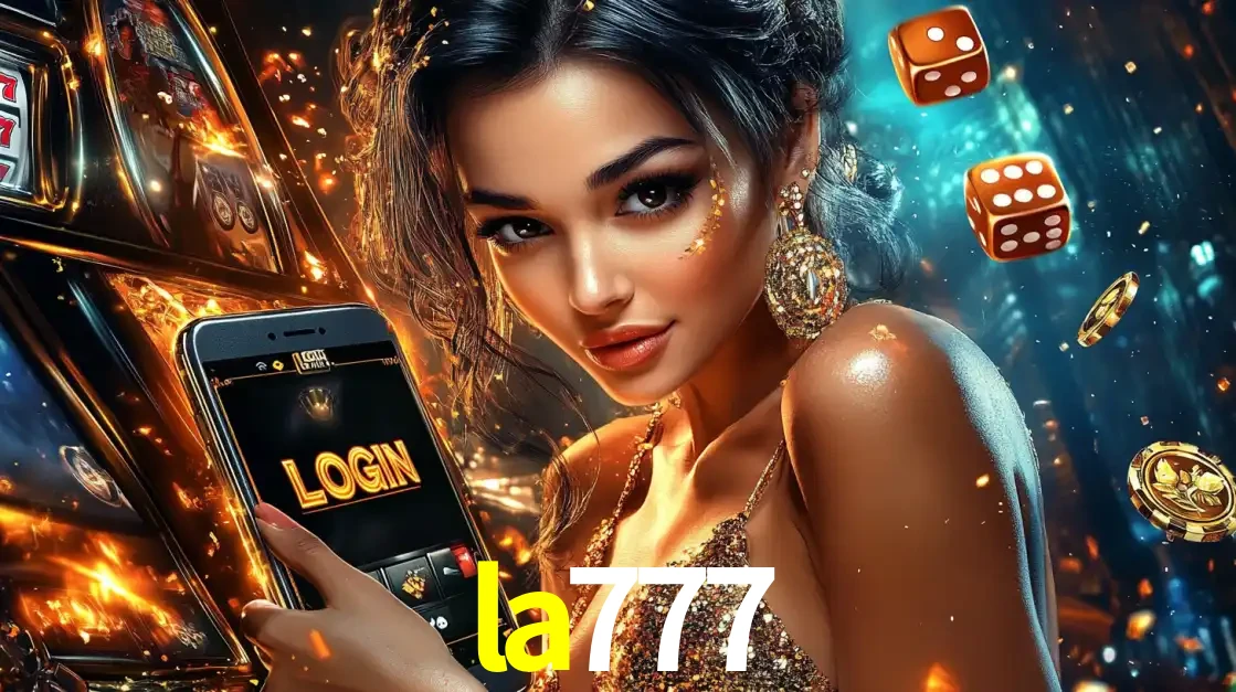 Mulher glamourosa segurando um celular com a tela de login do cassino la777, rodeada por dados e moedas douradas, pronta para começar a diversão.