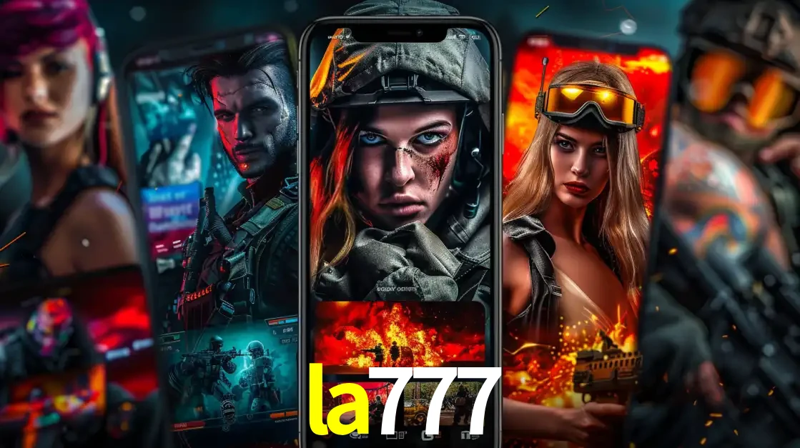 Montagem de telas de celular mostrando diversos personagens, masculinos e femininos, de um jogo de tiro, ilustrando a diversidade de equipes de e-sports para apostar no la777.