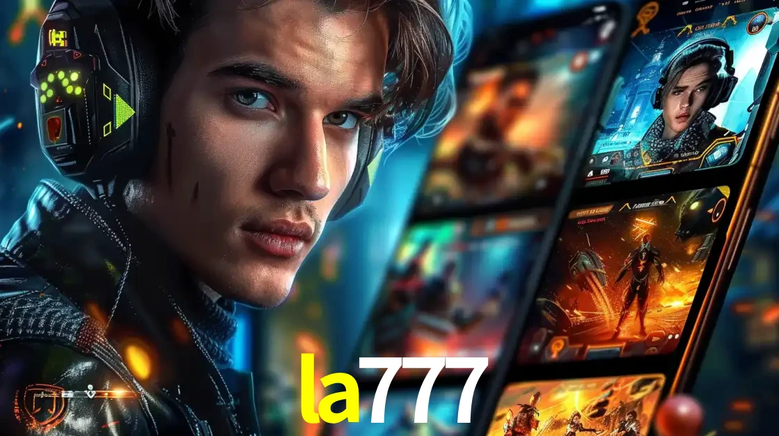 Jovem jogador com fones de ouvido olhando para a câmera, com um aplicativo de jogos e e-sports para celular ao fundo, pronto para a competição e apostas no la777.