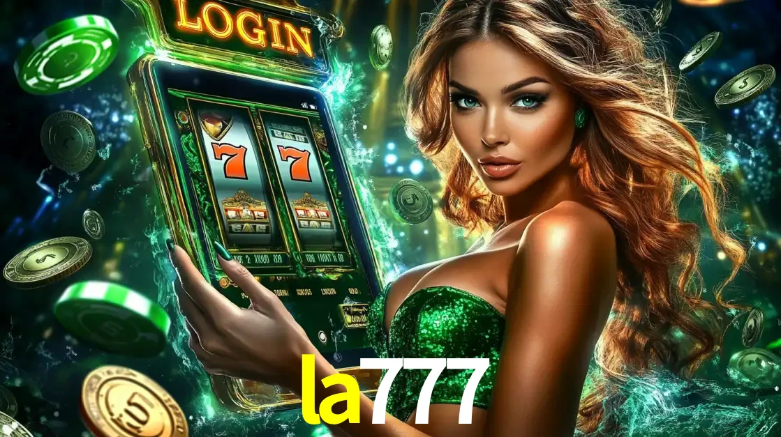 Mulher com tema verde apresentando o aplicativo do cassino la777 com um jogo de slot de 777, cercada por fichas de cassino e uma aura de sorte.