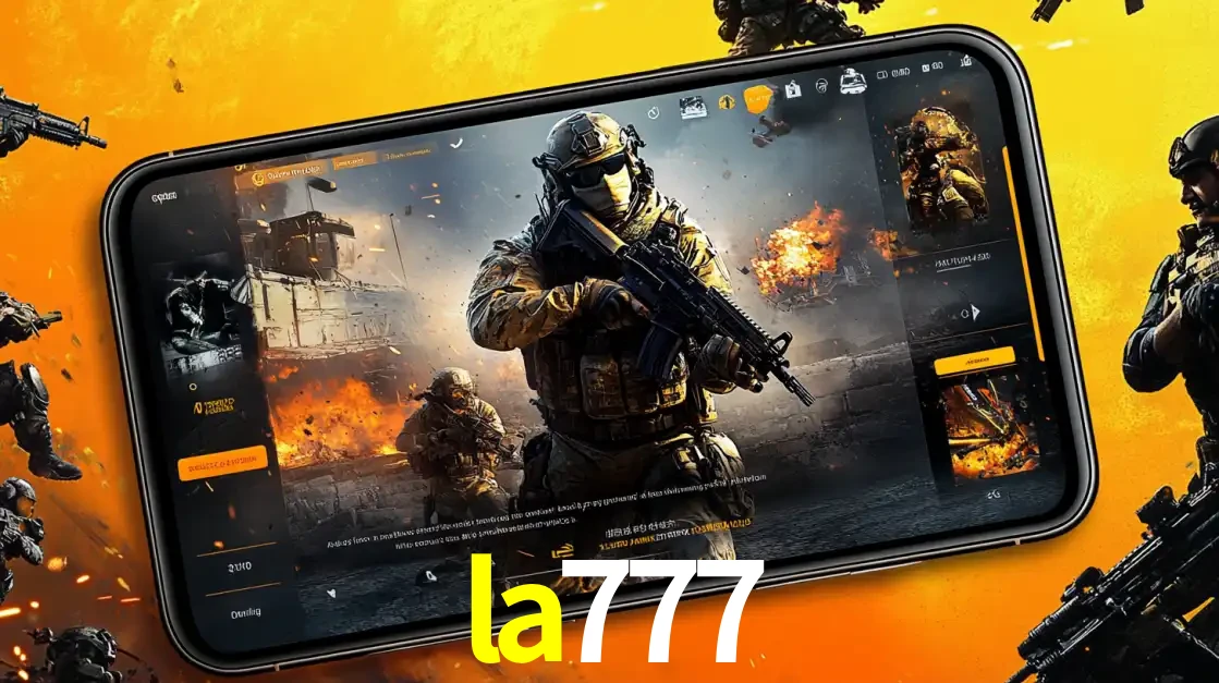 Um smartphone exibindo a interface de um jogo de tiro em primeira pessoa, com um soldado em um cenário de batalha, representando a ação dos e-sports para apostar no la777.