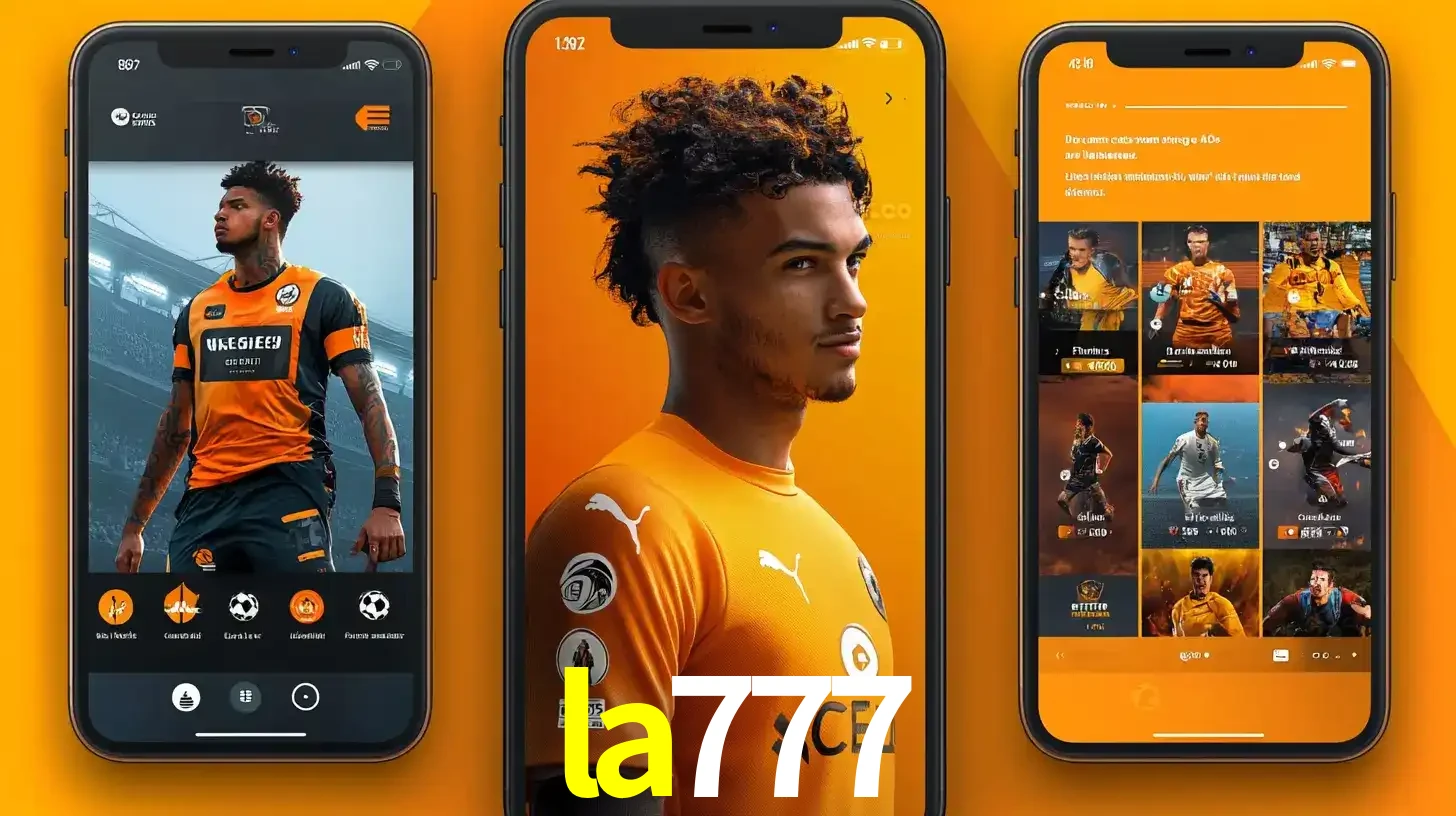Interface do aplicativo de apostas esportivas la777 em três telas de celular, mostrando o perfil de um jogador de futebol e a lista de jogos disponíveis para apostar.