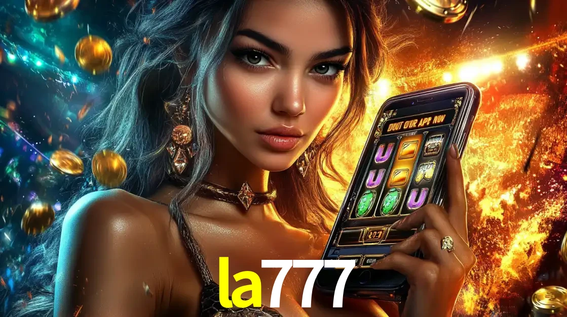 Mulher elegante mostrando um jogo de caça-níqueis em seu smartphone, destacando a experiência de cassino móvel oferecida pelo aplicativo la777.