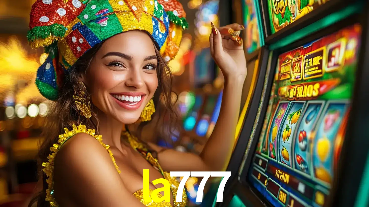 Mulher feliz com traje de carnaval amarelo e colorido ao lado de uma máquina de caça-níqueis, aproveitando a diversão e os jogos temáticos do cassino la777.