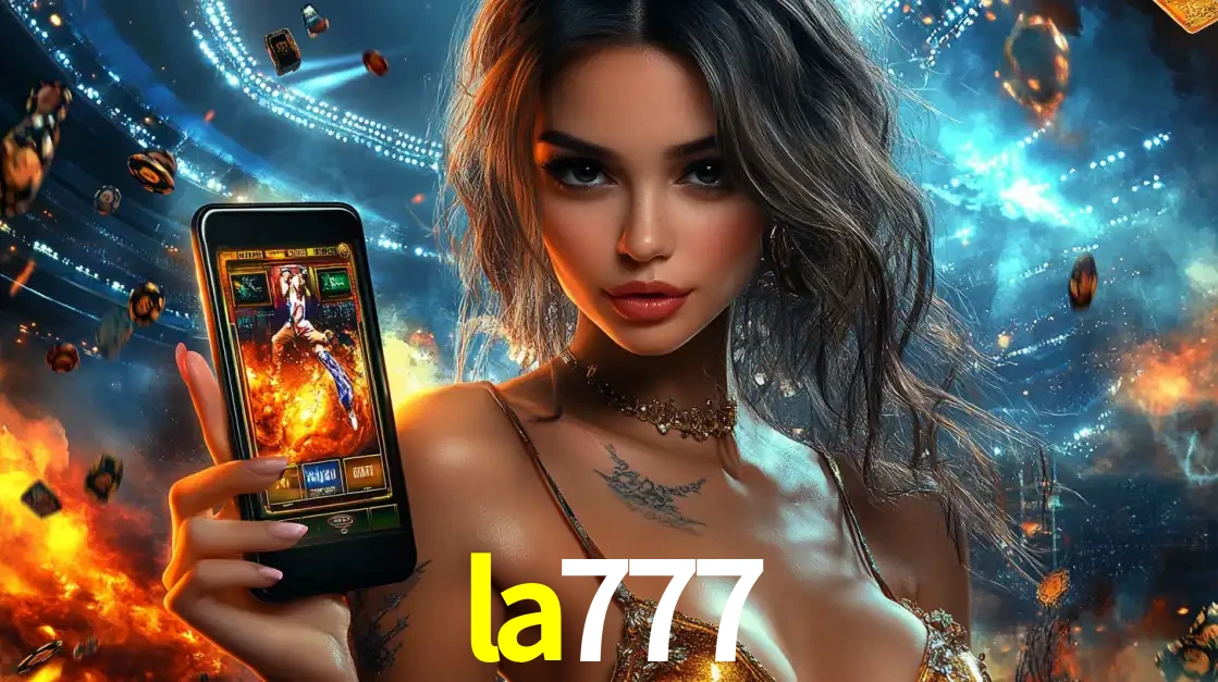 Mulher segurando um celular com um jogo de slot em destaque, tendo como fundo um estádio vibrante, simbolizando a emoção de jogar no cassino móvel la777.
