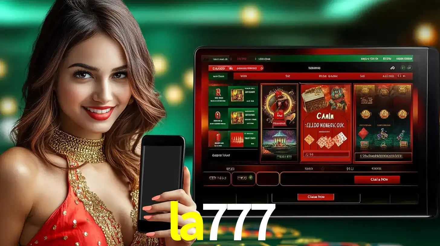 Mulher sorridente segurando um smartphone, ao lado de uma tela exibindo o lobby de jogos do cassino online la777, com várias opções de jogos de cartas e slots.